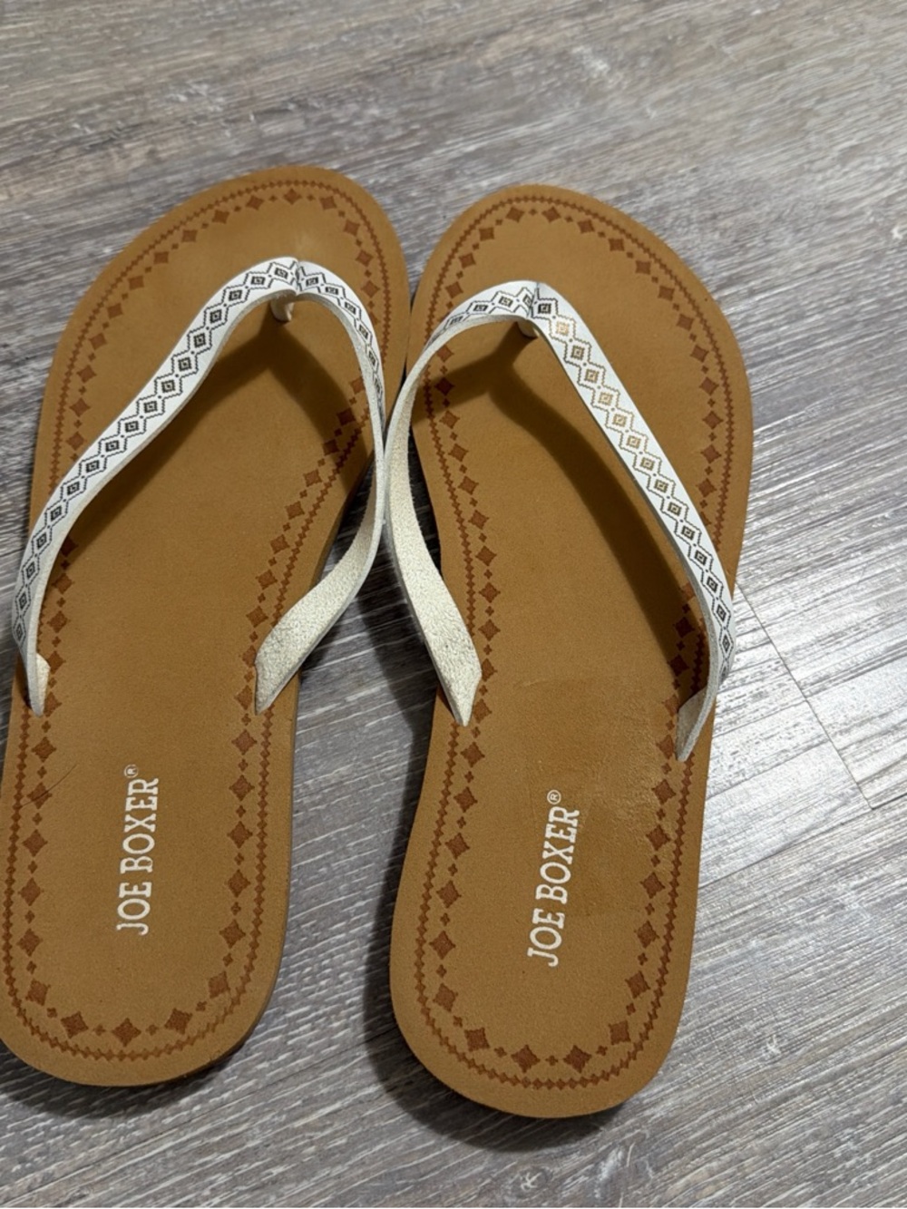 Joe Boxer Tan Flip Flop Sandals with White Patterned Straps